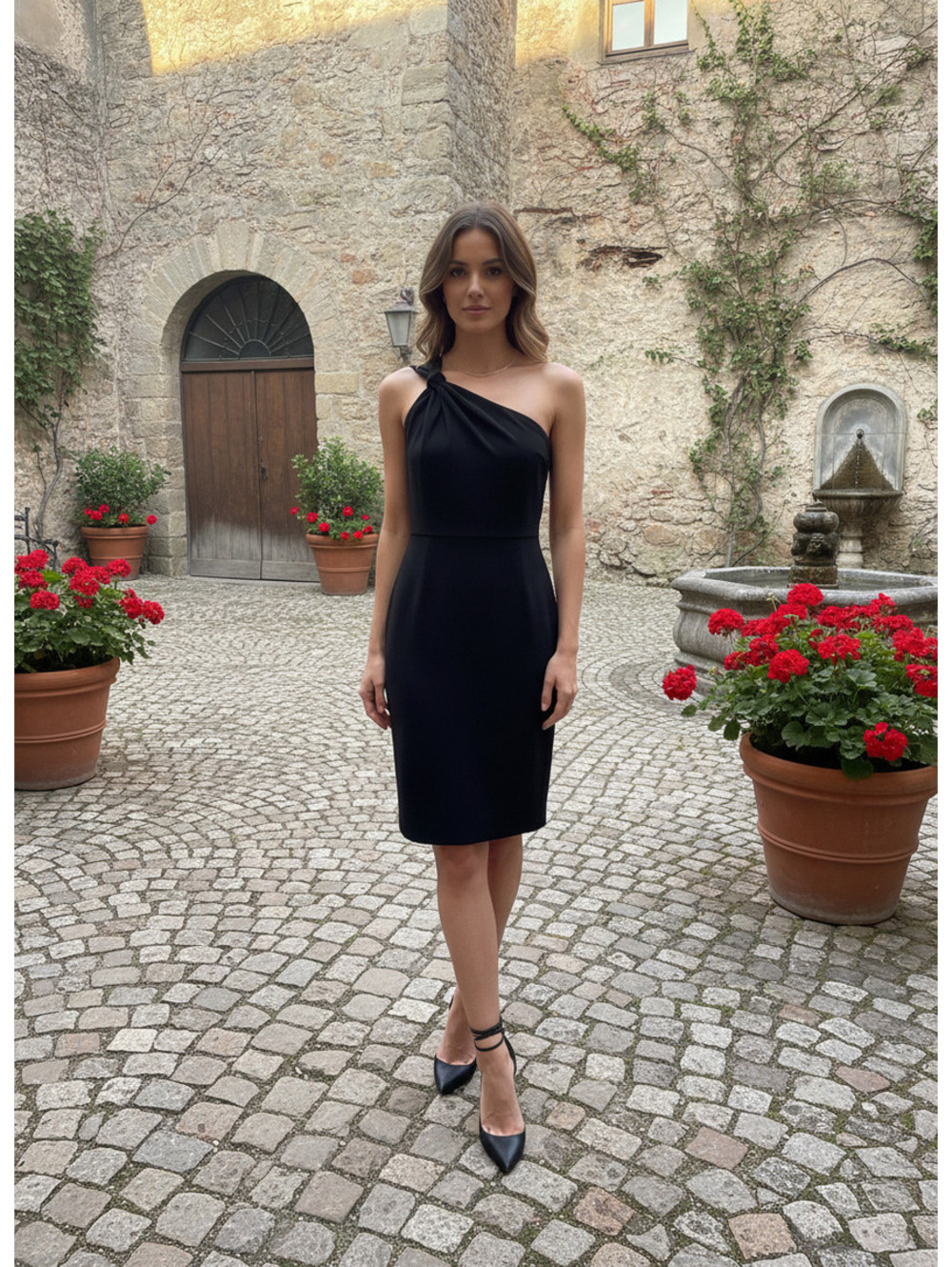 Just Taylor Black One-Shoulder Cocktail Dress with Gold Zipper 10